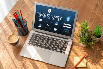 Fototapeta premium Cyber security system on computer screen protect private information snugly from hacker and cyber attack