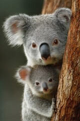 Naklejka premium Close Up of Mother Koala and Joey on Tree Trunk