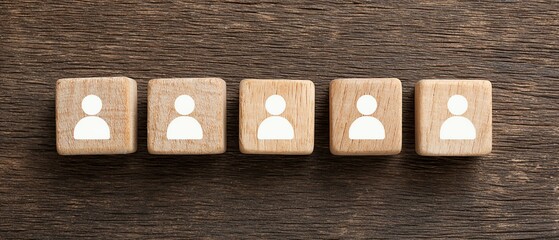 This image features wooden blocks with simple icons representing people, conveying concepts of teamwork, collaboration, and communication in a modern business environment.