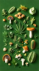 A vibrant green background showcases a meticulously arranged collection of various flora, including mushrooms, cannabis buds and leaves, and a small cactus.  The items are rendere