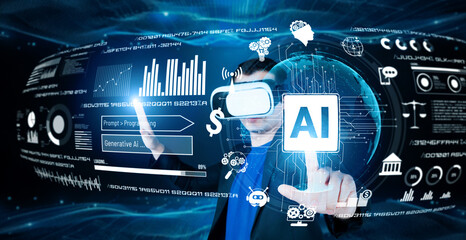 Smart businessman wearing suit and VR goggle while using AI assistance planning plan. Project...