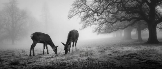 Two Deer Grazing in a Misty Forest
