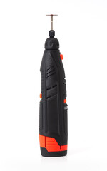 Close-up of a cordless rotary tool with cutting disc, isolated on white background, used for DIY, crafting, and precision work.