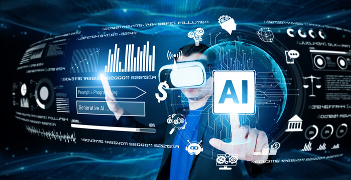 Smart businessman wearing suit and VR goggle while using AI assistance planning plan. Project manager generating data by using augmented reality glasses while pointing at glowing hologram. Ingenuity.