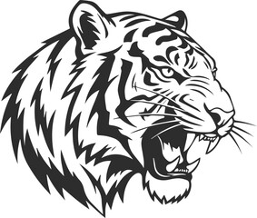 Silhouette of an angry tiger in black, logo of a tiger head roaring and looking to the right, icon of a tiger in black.