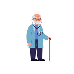 Elderly doctor with stethoscope standing and holding a cane  