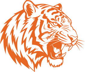 Silhouette of an angry tiger in orange color, logo of a tiger head roaring and looking to the right, tiger icon.