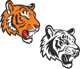 Two tigers in a unique oriental style and in two versions, color and silhouette, tiger head icon.