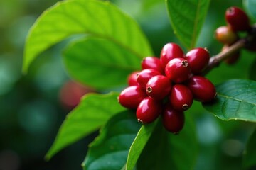 Obraz premium Lush Costa Rican coffee plant laden with ripe red cherries , Costa Rica, cherry