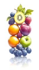 A vibrant vertical arrangement of assorted fresh fruits, including kiwi, berries, grapes, apples, and oranges, displayed against a stark white background with a subtle reflection