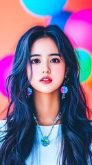 Close-up portrait of a young woman with long, dark wavy hair, wearing a white shirt, a necklace, and iridescent earrings against a vibrant, blurred background of colorful circle