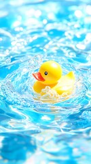 A vibrant yellow rubber ducky bobs gently in sparkling, turquoise water, creating small ripples and foam around it.  The background is a blurred, bright blue with bokeh effects