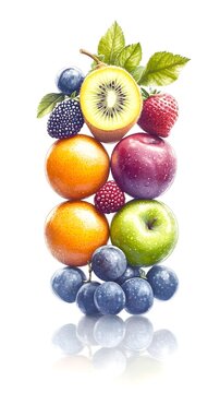 A vibrant vertical arrangement of assorted fresh fruits, including kiwi, berries, grapes, apples, and oranges, displayed against a stark white background with a subtle reflection