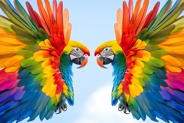 formation with rainbow feathers in symmetrical birds