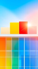 Vibrant rainbow-hued building with colorful blocks atop, set against a bright, sunny sky.  The image evokes feelings of optimism and progress