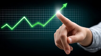 A close-up of a male hand pointing at an upward trend on a digital graph.
