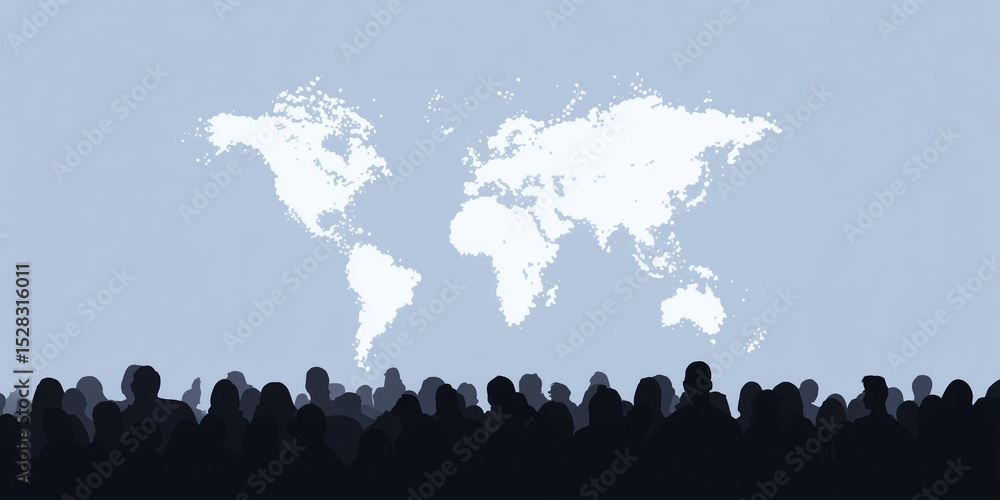 Poster silhouetted crowd of diverse individuals standing before a world map illustration, representing glob