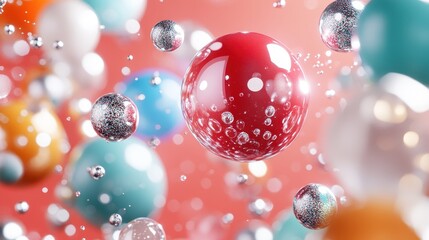 An artistic representation of vibrant bubbles floating in a soft, blurred background creates an abstract feeling of joy, wonder, and imagination in a visually captivating manner.