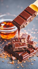 Melted dark chocolate flows from a wooden spoon onto a pile of broken chocolate pieces, next to a small bowl of amber liquid.  Chocolate shavings are scattered on the dark surface