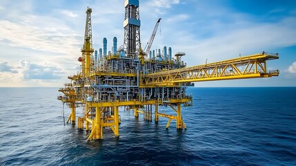 Robust steel-framed offshore rig with maintenance crew zones and storage tanks, surrounded by calm sea 