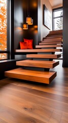 Modern floating staircase with rich wood tones, a built-in seating area featuring red pillows, and large windows showcasing autumn foliage.  Dark walls and pendant lights add to 