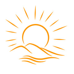 Stylized Sun Rising Over Hills and Waves Graphic with Retro Aesthetic