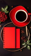 Overhead shot of a red coffee cup and saucer, two red notebooks, pencil, coffee beans, star anise, and red berries on a dark surface
