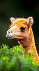 Fototapeta premium Close-up portrait of a young, light-brown Bactrian camel peeking from behind vibrant green evergreen branches against a dark background. Its soft fur and expressive eyes are highlighted
