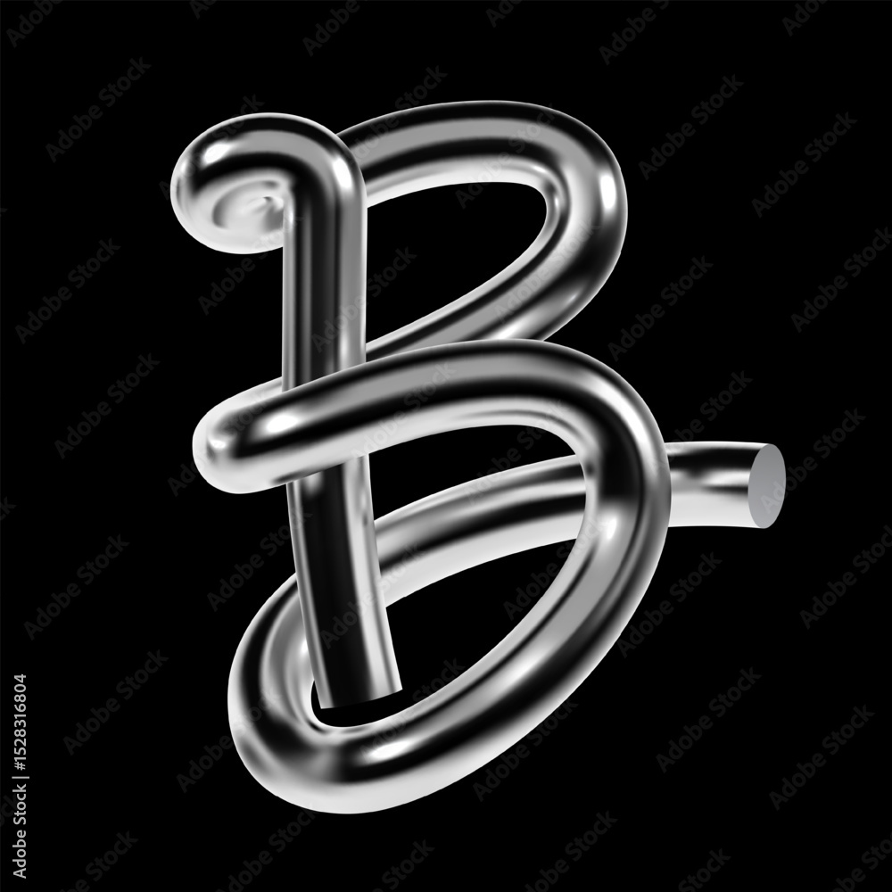 Poster glossy 3d chrome letter b with twisted metallic shape in y2k style. futuristic vector character with