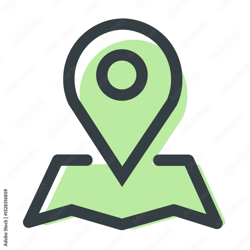 Poster illustration of a location pin on a map with a green fill and a dark outline on a white background