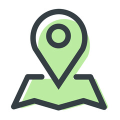 Fototapeta premium Illustration of a location pin on a map with a green fill and a dark outline on a white background