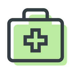 Obraz premium Illustration of a green first aid kit with a dark gray outline and a plus sign in the center front