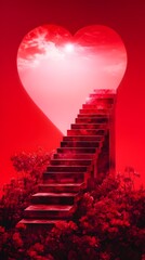 Red heart-shaped portal reveals a sunlit sky above a stairway ascending from a rose garden, all rendered in deep crimson hues