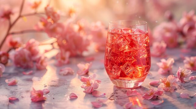 Elegant rose and lychee spritz in a glass on marble with scattered petals, soft golden hour lighting, luxury minimal aesthetic