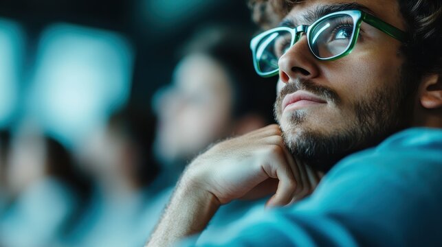 A handsome young man gazing thoughtfully into the distance, capturing a moment of introspection and deep thoughts, set against a blurred background of peers in a learning environment.