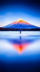 Serene sunrise illuminates a snow-capped mountain perfectly reflected in a still lake, a lone figure silhouetted in the foreground, creating a breathtakingly symmetrical composition
