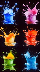 Six vibrant paint splashes in various colors against a black background, each exhibiting dynamic crown-like shapes and reflective puddles