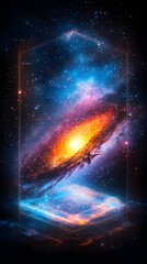 Fototapeta premium A vibrant, swirling nebula, rendered in intense blues, oranges, and yellows, is contained within a transparent, geometric prism against a backdrop of deep space speckled with stars. The nebula's cor