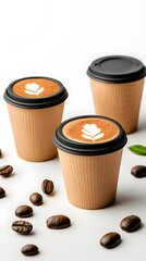 Three disposable coffee cups with latte art, scattered coffee beans, and a leaf on a white background. The cups are light brown and have black lids
