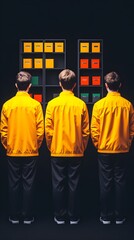 Three individuals in matching yellow jackets stand with their backs to the viewer, observing two black shelving units displaying various colored boxes
