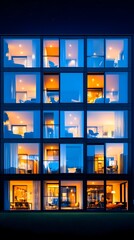 Night view of a modern apartment building, its numerous windows glowing with warm interior lights against a dark blue night sky, showcasing various room arrangements and activities within