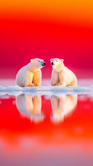 Two polar bear cubs face each other on a small ice floe, reflected in vibrant red water at sunset.  The vivid, almost surreal, red sky creates a dramatic backdrop
