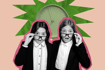 Trendy 3d poster art pop collage of two shocked classmates schoolgirls stand clock timetable expire back to school concept