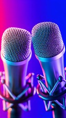 Two metallic microphones with mesh grills stand close together, illuminated by vibrant pink and blue neon lighting against a blurred background