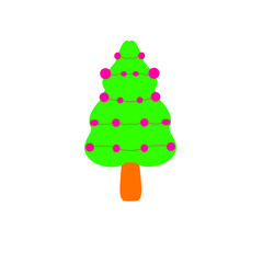 Vibrant christmas tree illustration with festive pink ornaments on black background