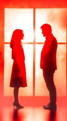 Silhouetted figures of a man and woman facing each other, bathed in a dramatic red light emanating from behind a large window, creating a moody and intense atmosphere