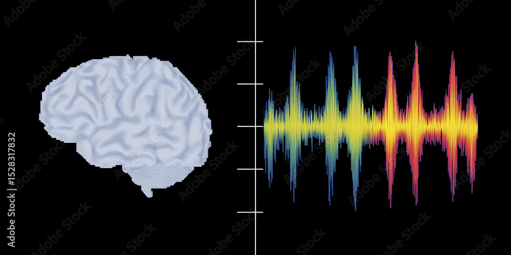 Poster brain illustration on the left side with colorful sound wave visualization on the right side, repres