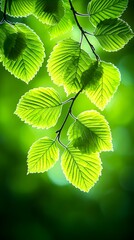 Vibrant, backlit, fresh green leaves on a slender branch, illuminated against a softly blurred green background, showcasing intricate leaf venation and subtle shadowing