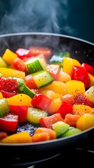 Steaming medley of colorful bell peppers, zucchini, and carrots saut?ing in a dark pan.  A subtle haze of steam rises from the vibrant vegetables seasoned with pepper