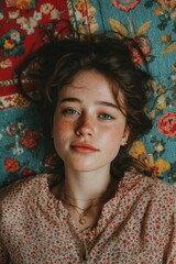 Fototapeta premium Portrait of a Young Woman with Freckles and Blue Eyes Lying on Floral Fabric